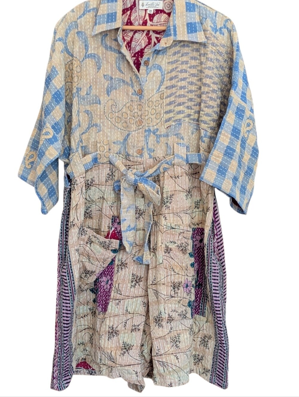 Kantha Bae Light Blue & Cream Patchwork Short Romper with Belt And Pockets Boho